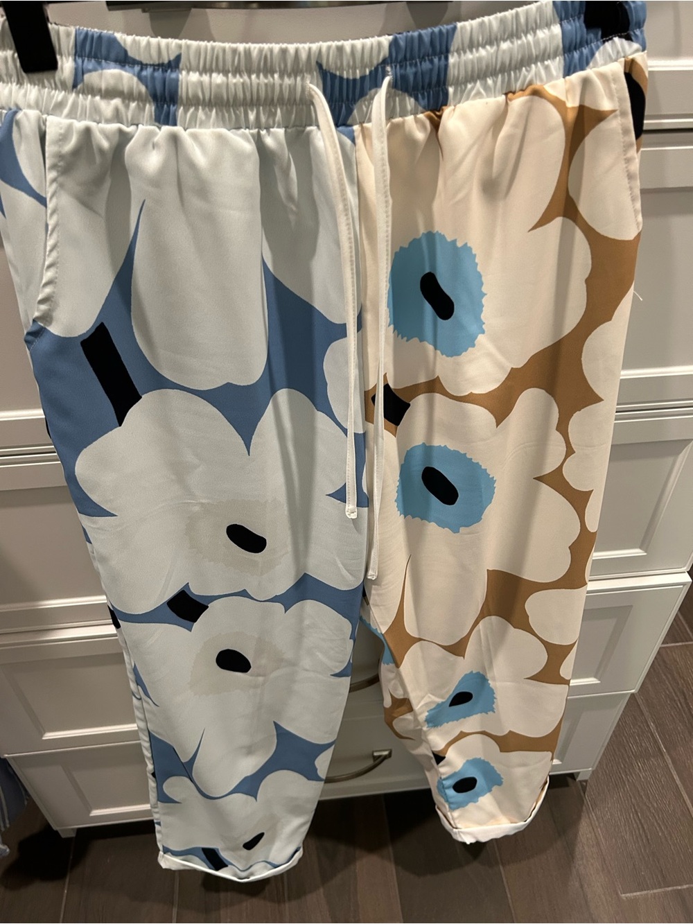 Floral Print Drawstring Pants - Blue, Cream & Tan